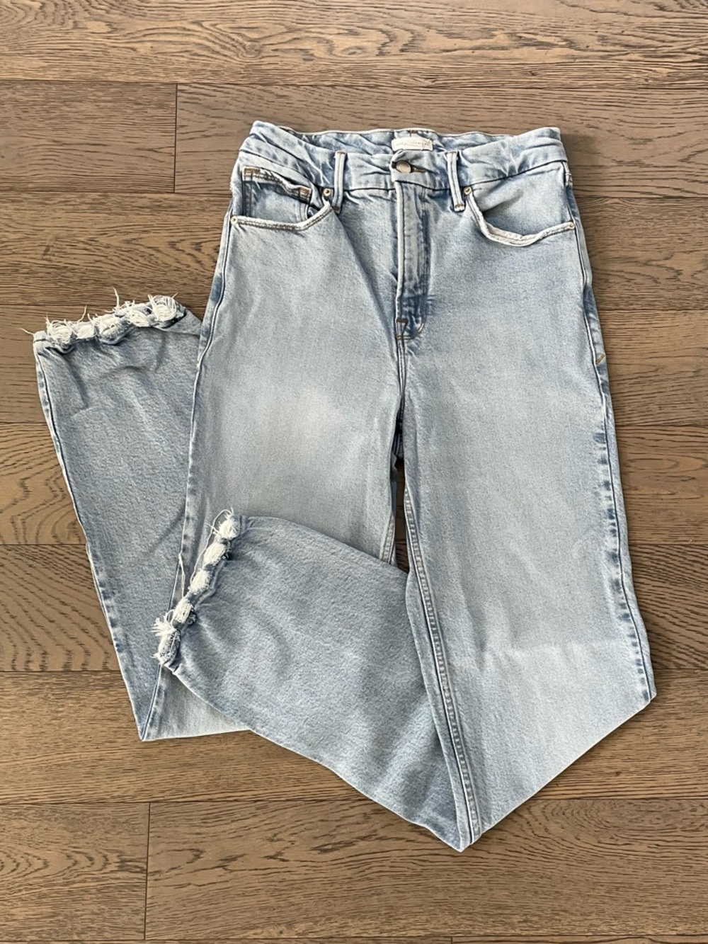 Good American Good Icon High Rise Distressed Hem Straight Leg Jeans